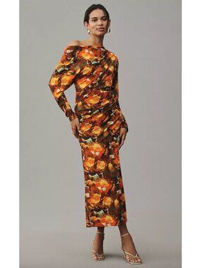 Anthropologie Acler Burford Midi Dress Size 12 US One Shoulder Orange Abstract